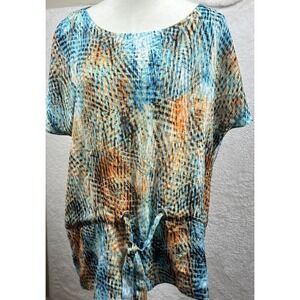 Calvin Klein Women Abstract Print Tie Waist Tunic Top Blouse Flowy Blue Orange L